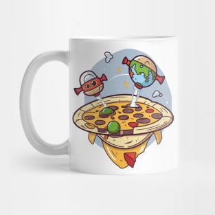 Spacecraft pizza with salami and spaceships earth and robot Mug